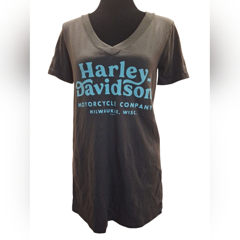l"Harley-Davidson" NWT SZ S Charcoal Tee with Teal Logo. Plunging Neckline....